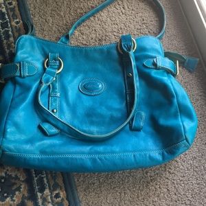Leather Turquiose color hand bag aprx  13x11 inch